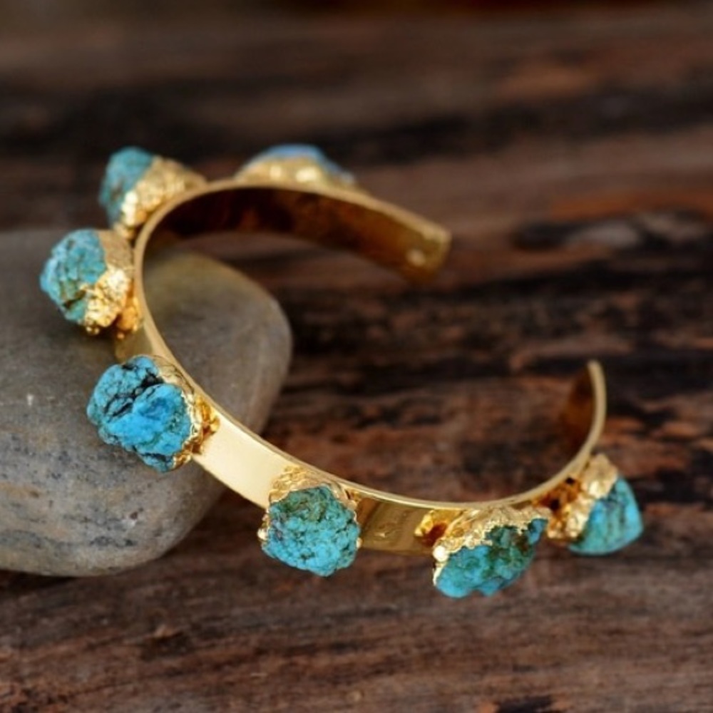Natural Turquoise Druzy Cuff Bracelet  Gold